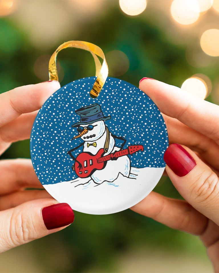 Guitar Snow Man Circle Ornament, Christmas Ornament, Christmas Gift