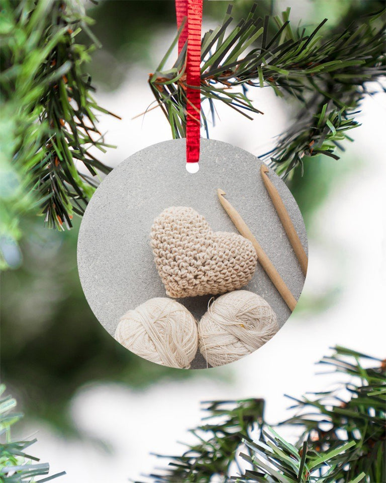 Crochet And Knitting, Heart Hook Yarn Circle Ornament, Christmas Ornament, Christmas Gift