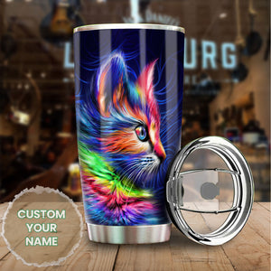 Camellia Personalized Tye Dye Colorful Cat Kitten Stainless Steel Tumbler - Double-Walled Insulation Thermal Cup With Lid Gift For Pet Lover Cat Mom