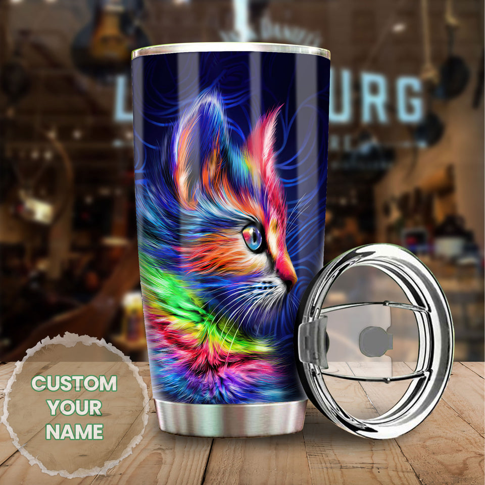 Camellia Personalized Tye Dye Colorful Cat Kitten Stainless Steel Tumbler - Double-Walled Insulation Thermal Cup With Lid Gift For Pet Lover Cat Mom