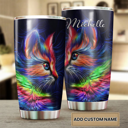 Camellia Personalized Tye Dye Colorful Cat Kitten Stainless Steel Tumbler - Double-Walled Insulation Thermal Cup With Lid Gift For Pet Lover Cat Mom