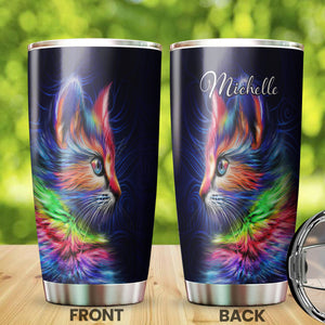Camellia Personalized Tye Dye Colorful Cat Kitten Stainless Steel Tumbler - Double-Walled Insulation Thermal Cup With Lid Gift For Pet Lover Cat Mom