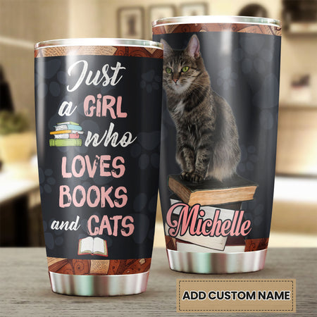 Camellia Personalized Girl Love Books And Cats Stainless Steel Tumbler - Double-Walled Insulation Thermal Cup With Lid Gift For Nerd Cat Lover