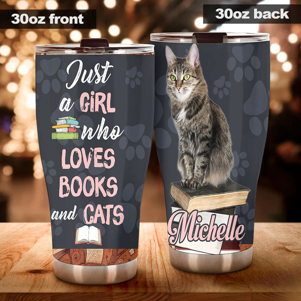 Camellia Personalized Girl Love Books And Cats Stainless Steel Tumbler - Double-Walled Insulation Thermal Cup With Lid Gift For Nerd Cat Lover