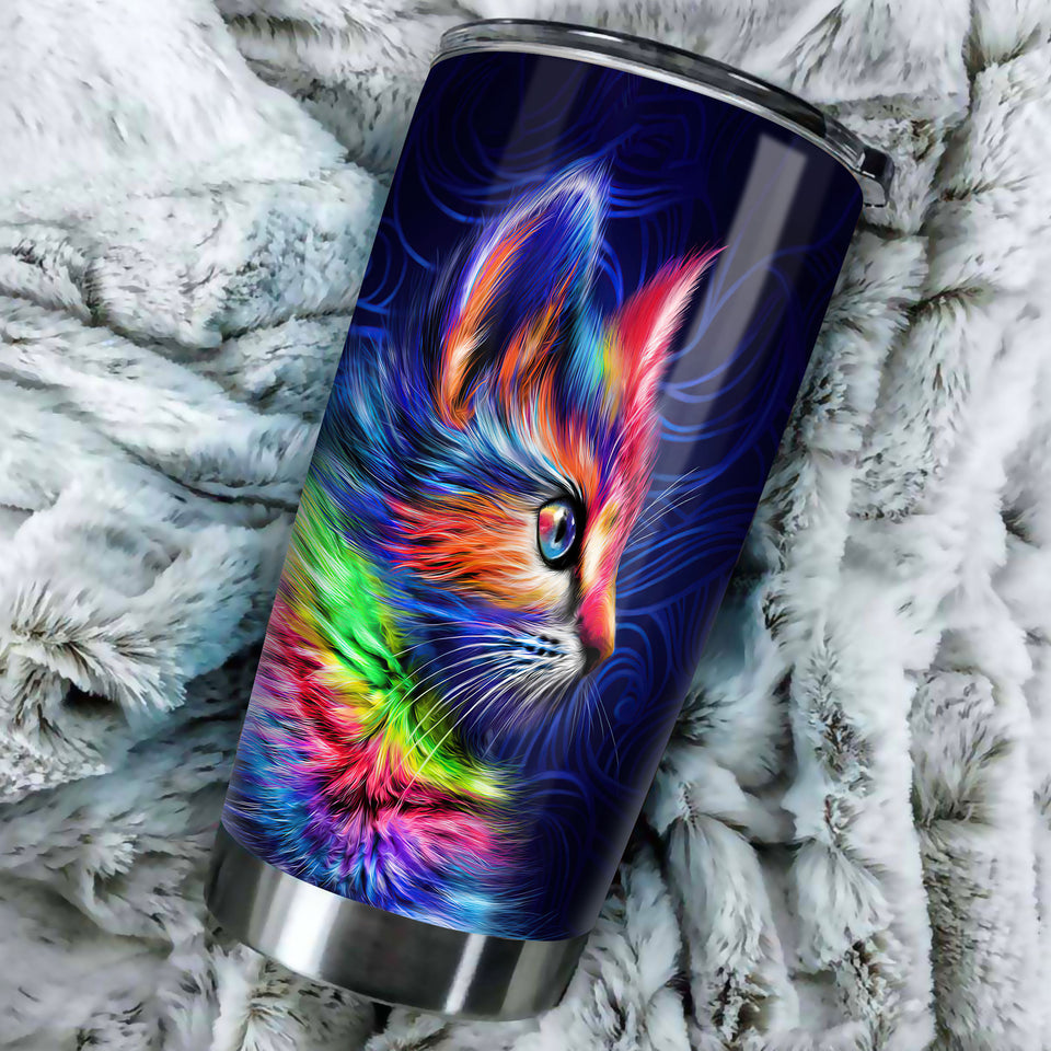 Camellia Personalized Tye Dye Colorful Cat Kitten Stainless Steel Tumbler - Double-Walled Insulation Thermal Cup With Lid Gift For Pet Lover Cat Mom