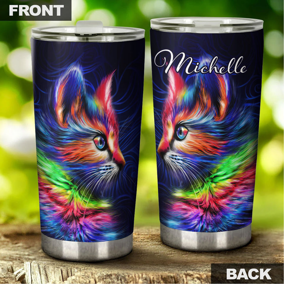 Camellia Personalized Tye Dye Colorful Cat Kitten Stainless Steel Tumbler - Double-Walled Insulation Thermal Cup With Lid Gift For Pet Lover Cat Mom