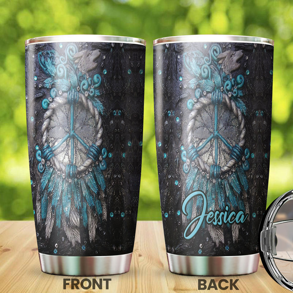Camellia Personalized Peace Hippie Dreamcatcher Wooden Style Stainless Steel Tumbler - Double-Walled Insulation Thermal Cup With Lid Gift For Hipster Hippie Peace Lover