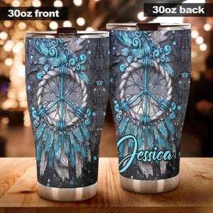 Camellia Personalized Peace Hippie Dreamcatcher Wooden Style Stainless Steel Tumbler - Double-Walled Insulation Thermal Cup With Lid Gift For Hipster Hippie Peace Lover