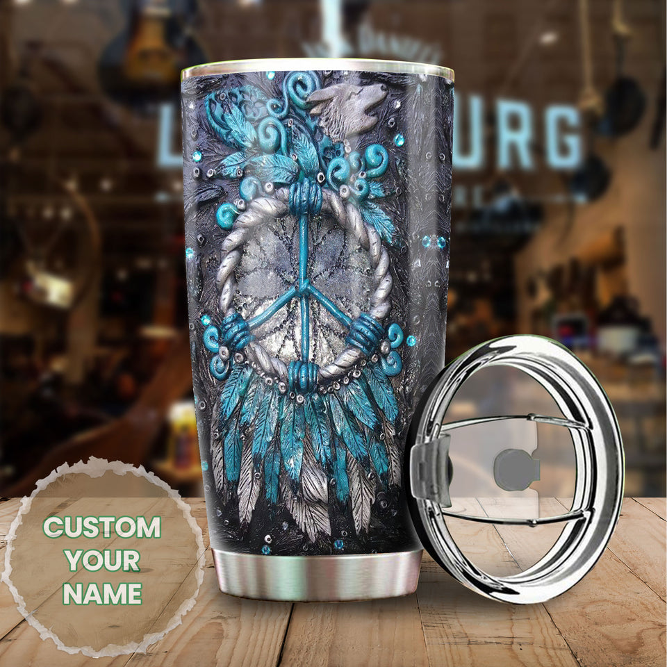 Camellia Personalized Peace Hippie Dreamcatcher Wooden Style Stainless Steel Tumbler - Double-Walled Insulation Thermal Cup With Lid Gift For Hipster Hippie Peace Lover