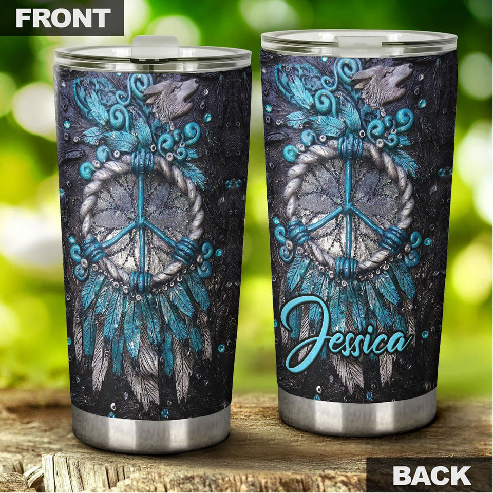 Camellia Personalized Peace Hippie Dreamcatcher Wooden Style Stainless Steel Tumbler - Double-Walled Insulation Thermal Cup With Lid Gift For Hipster Hippie Peace Lover