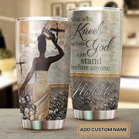 Camellia Personalized Afro Girl Kneels Before God Stand Before Anyone Stainless Steel Tumbler - Double-Walled Insulation Thermal Cup With Lid For Faith Believer Women