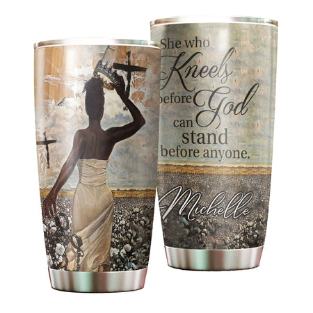 Camellia Personalized Afro Girl Kneels Before God Stand Before Anyone Stainless Steel Tumbler - Double-Walled Insulation Thermal Cup With Lid For Faith Believer Women