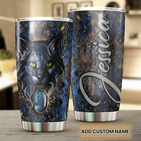 Camellia Personalized Wild Cat Wooden Style Vintage Stainless Steel Tumbler - Double-Walled Insulation Travel Thermal Cup With Lid Gift For Pet Lover Cat Mom
