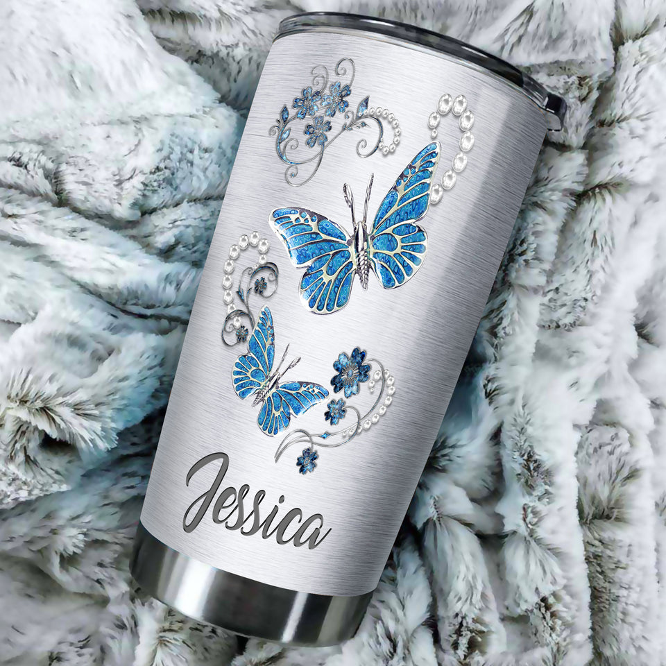 Camellia Personalized Butterfly Jewelry To My Daughter Loving Letters Stainless Steel Tumbler - Double-Walled Insulation Travel Thermal Cup With Lid Mom Gift For Daughter Girl