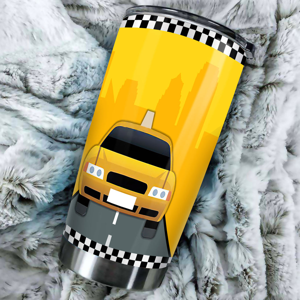 Camellia Personalized American Yellow Taxi Car Graphics Stainless Steel Tumbler - Double-Walled Insulation Travel Thermal Cup With Lid Gift For Taxi Driver Birthday
