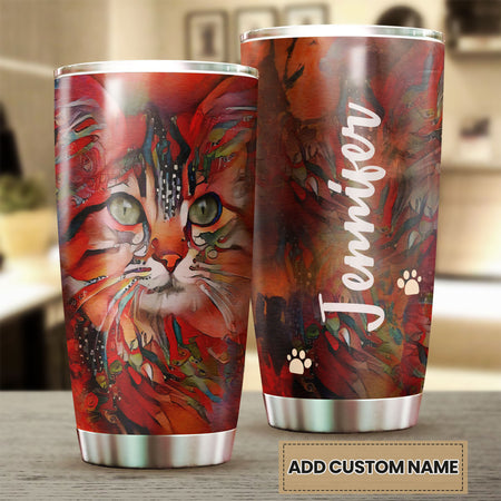 Camellia Personalized Corlorful Watercolor Cat Kitten Graphics Stainless Steel Tumbler - Double-Walled Insulation Thermal Cup With Lid Gift For Pet Lover Cat Mom