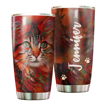 Camellia Personalized Corlorful Watercolor Cat Kitten Graphics Stainless Steel Tumbler - Double-Walled Insulation Thermal Cup With Lid Gift For Pet Lover Cat Mom