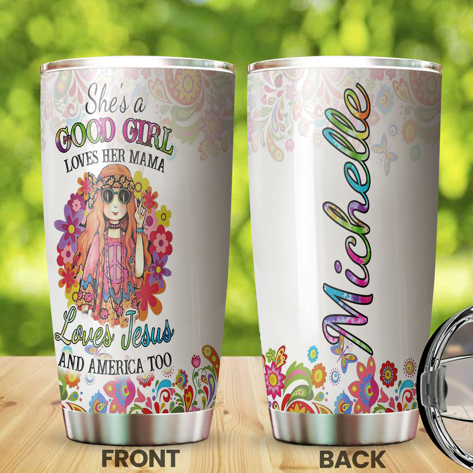 Camellia Personalized Henna Flowers Good Girl Loves Mama Jesus American Stainless Steel Tumbler - Double-Walled Insulation Thermal Cup With Lid Gift For Daughter Kid