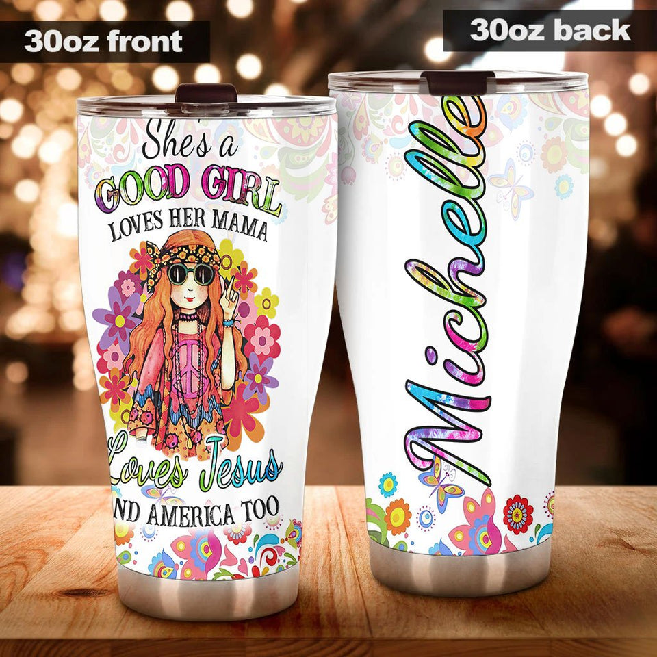 Camellia Personalized Henna Flowers Good Girl Loves Mama Jesus American Stainless Steel Tumbler - Double-Walled Insulation Thermal Cup With Lid Gift For Daughter Kid