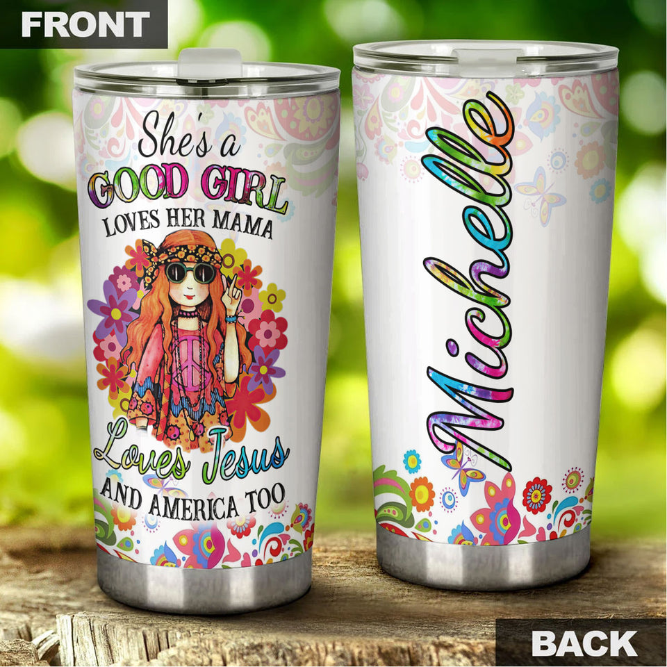 Camellia Personalized Henna Flowers Good Girl Loves Mama Jesus American Stainless Steel Tumbler - Double-Walled Insulation Thermal Cup With Lid Gift For Daughter Kid