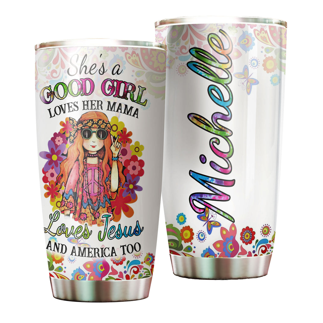 Camellia Personalized Henna Flowers Good Girl Loves Mama Jesus American Stainless Steel Tumbler - Double-Walled Insulation Thermal Cup With Lid Gift For Daughter Kid