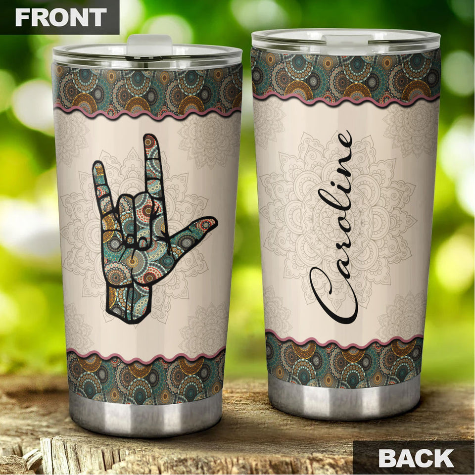 Camellia Personalized Hippie Henna Hand Sign Graphic Rock Stainless Steel Tumbler - Double-Walled Insulation Travel Thermal Cup With Lid Gift For Teenager Birthday