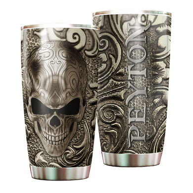 Camellia Personalized 3D Silver Skull Skeleton Stainless Steel Tumbler - Customized Double-Walled Insulation Thermal Cup With Lid Gift For Halloween
