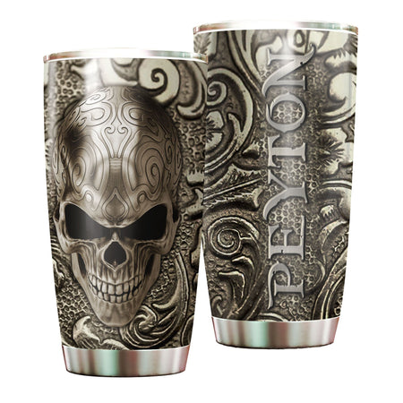 Camellia Personalized 3D Silver Skull Skeleton Stainless Steel Tumbler - Customized Double-Walled Insulation Thermal Cup With Lid Gift For Halloween