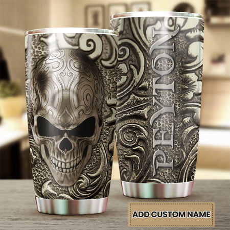 Camellia Personalized 3D Silver Skull Skeleton Stainless Steel Tumbler - Customized Double-Walled Insulation Thermal Cup With Lid Gift For Halloween
