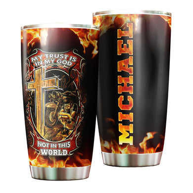 Camellia Personalized My Trust Is In God Biker Faith Motorcycling Stainless Steel Tumbler - Double-Walled Insulation Thermal Cup With Lid Gift For Biker Men Faith Believer
