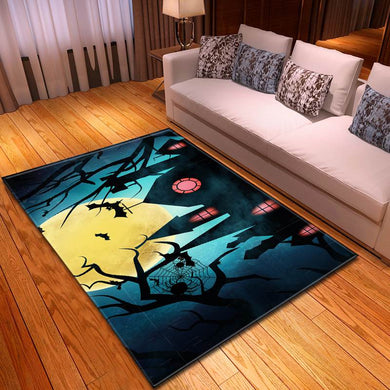 Halloween Spooky Bats And Creepy Spider On Mid Night Carpet Living Room Rugs
