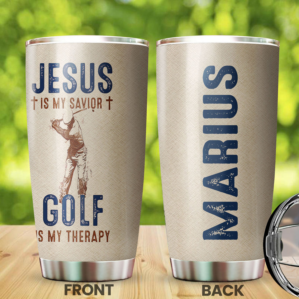 Camellia Personalized Jesus Is My Savior Golf Is My Therapy Stainless Steel Tumbler- Sweat-Prood Travel Cup With Lid Gift For Golf Player