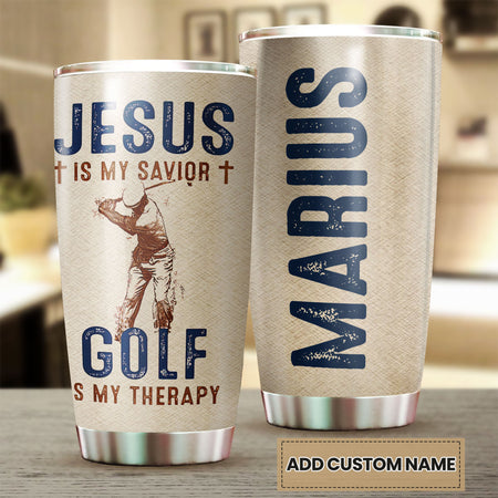 Camellia Personalized Jesus Is My Savior Golf Is My Therapy Stainless Steel Tumbler- Sweat-Prood Travel Cup With Lid Gift For Golf Player