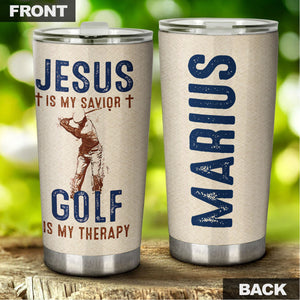 Camellia Personalized Jesus Is My Savior Golf Is My Therapy Stainless Steel Tumbler- Sweat-Prood Travel Cup With Lid Gift For Golf Player