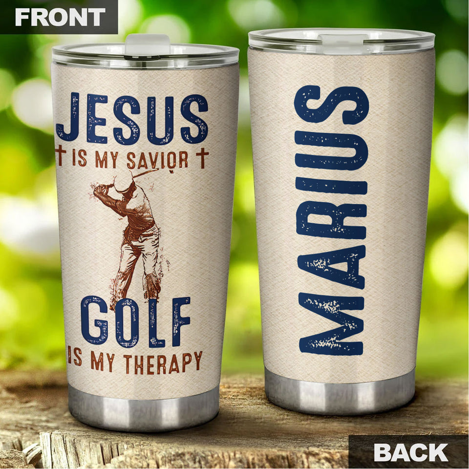 Camellia Personalized Jesus Is My Savior Golf Is My Therapy Stainless Steel Tumbler- Sweat-Prood Travel Cup With Lid Gift For Golf Player