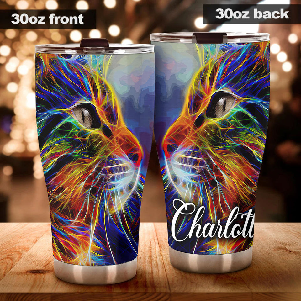 Camellia Persionalized 3D Cat Neon Art Stainless Steel Tumbler - Customized Double - Walled Insulation Travel Thermal Cup With Lid Gift For Cat Lover
