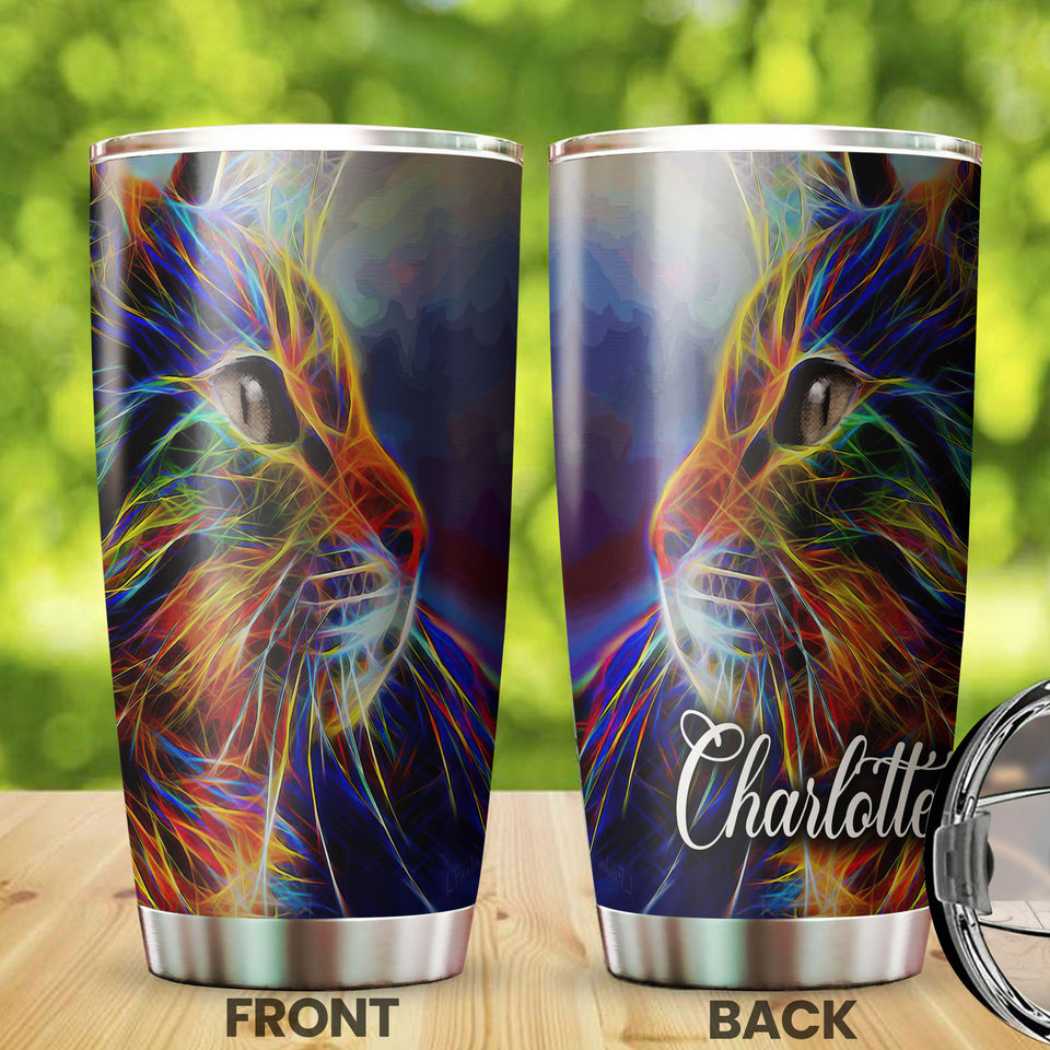 Camellia Persionalized 3D Cat Neon Art Stainless Steel Tumbler - Customized Double - Walled Insulation Travel Thermal Cup With Lid Gift For Cat Lover