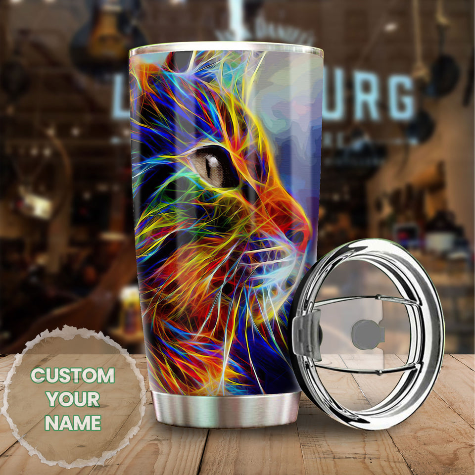 Camellia Persionalized 3D Cat Neon Art Stainless Steel Tumbler - Customized Double - Walled Insulation Travel Thermal Cup With Lid Gift For Cat Lover