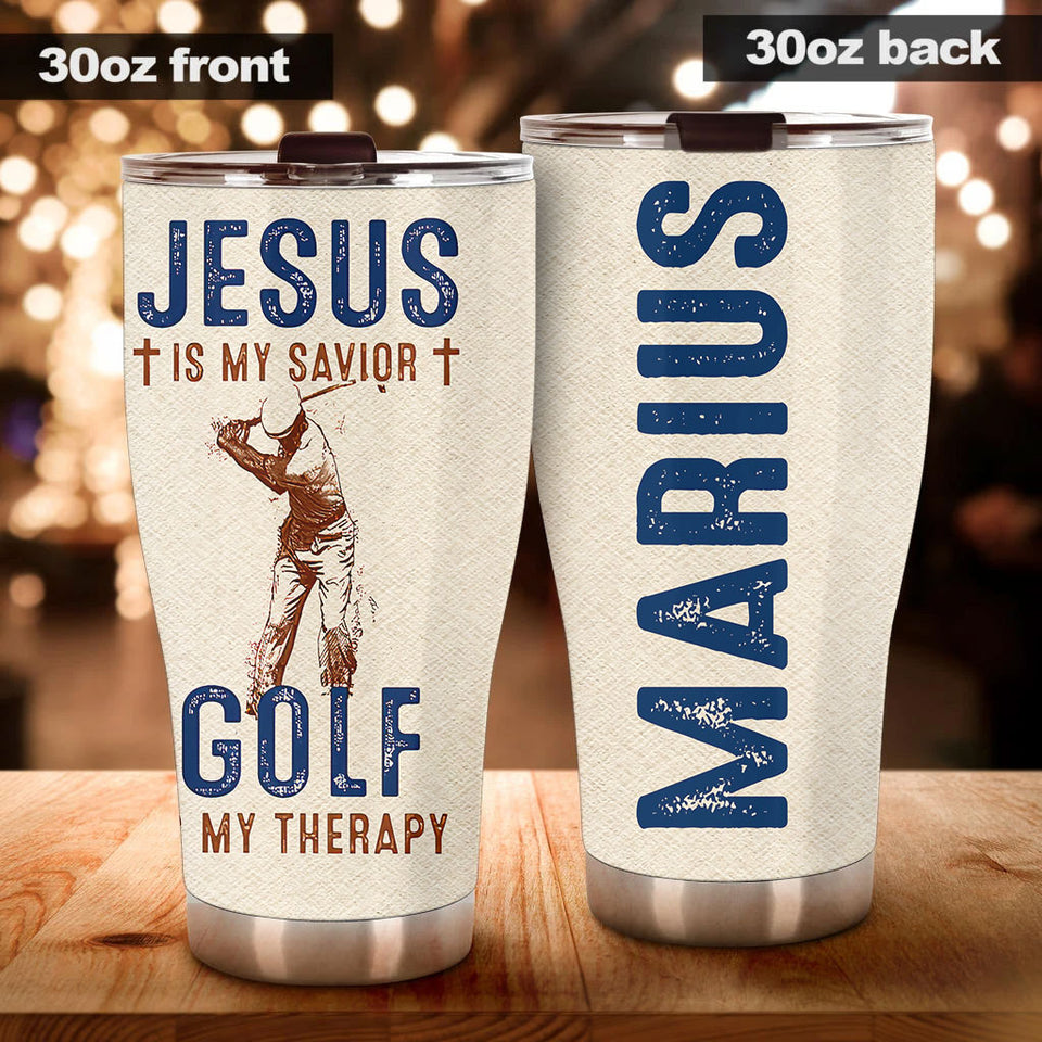 Camellia Personalized Jesus Is My Savior Golf Is My Therapy Stainless Steel Tumbler- Sweat-Prood Travel Cup With Lid Gift For Golf Player