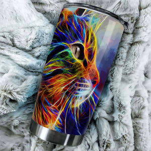 Camellia Persionalized 3D Cat Neon Art Stainless Steel Tumbler - Customized Double - Walled Insulation Travel Thermal Cup With Lid Gift For Cat Lover