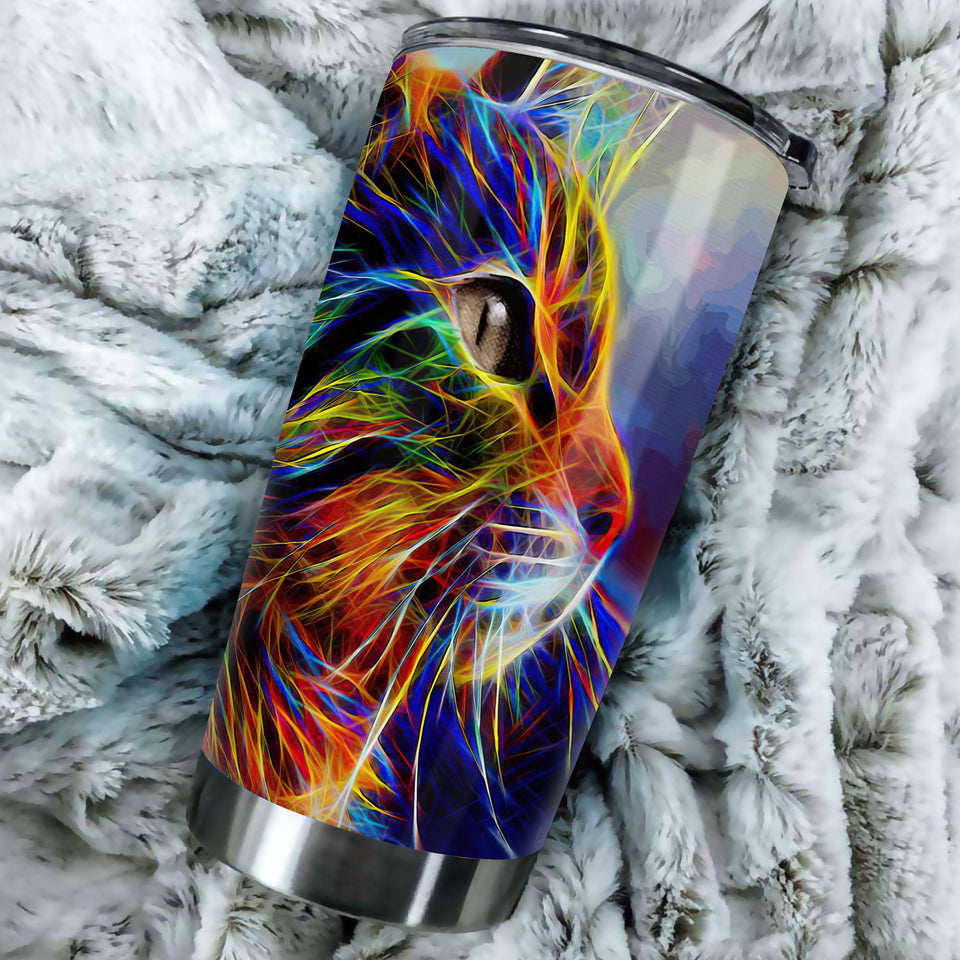 Camellia Persionalized 3D Cat Neon Art Stainless Steel Tumbler - Customized Double - Walled Insulation Travel Thermal Cup With Lid Gift For Cat Lover