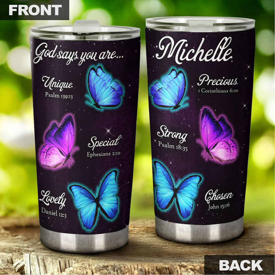Camellia Personalized Butterfly God Says You Are Unique Stainless Steel Tumbler - Double-Walled Insulation Vacumm Flask - For Thanksgiving, Memorial Day, Christians, Christmas Gift