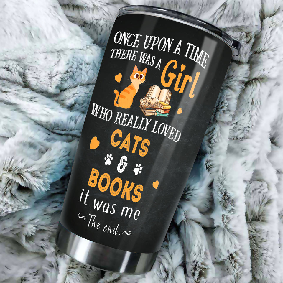 Camellia Personalized Book Cat Once Upon A Time There Was A Girl Who Really Loved Book And Cat Stainless Steel Tumbler - Double-Walled Insulation Vacumm Flask - Gift For Book Lovers, Nerd, Cat Lovers