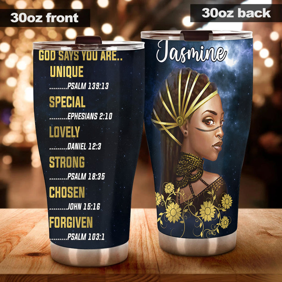 Camellia Personalized Black Women Faith God Says You Are Stainless Steel Tumbler - Double-Walled Insulation Vacumm Flask - Gift For Black Queen, International Women's Day, Hippie Gir