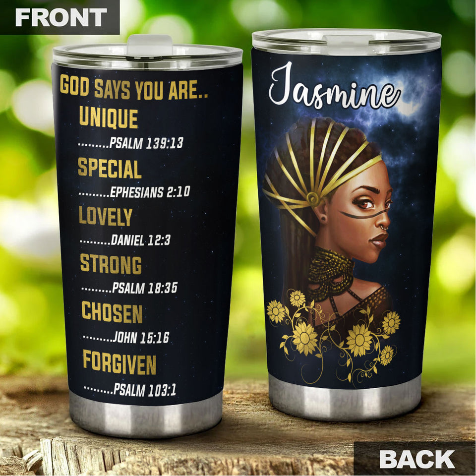 Camellia Personalized Black Women Faith God Says You Are Stainless Steel Tumbler - Double-Walled Insulation Vacumm Flask - Gift For Black Queen, International Women's Day, Hippie Gir