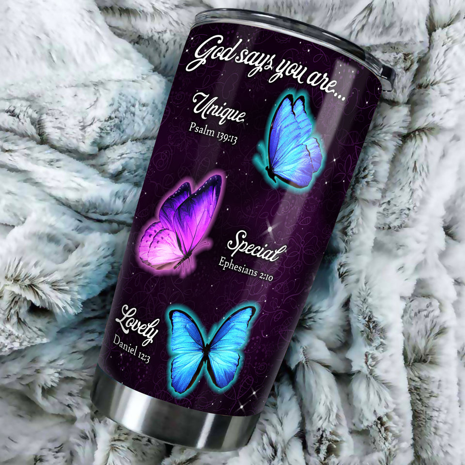 Camellia Personalized Butterfly God Says You Are Unique Stainless Steel Tumbler - Double-Walled Insulation Vacumm Flask - For Thanksgiving, Memorial Day, Christians, Christmas Gift