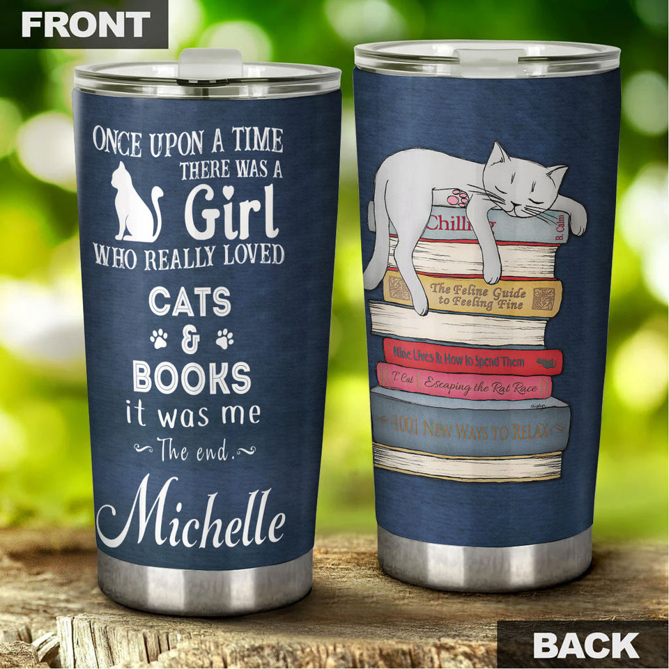 Camellia Personalized Sleeping Cat Once Upon A Time There Was A Girl Who Really Loved Book And Cat Stainless Steel Tumbler - Double-Walled Insulation Vacumm Flask - Gift For Book Lovers, Nerd, Cat Lovers