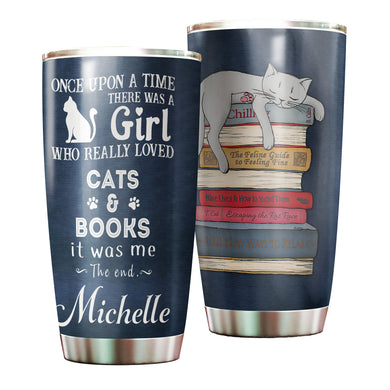 Camellia Personalized Sleeping Cat Once Upon A Time There Was A Girl Who Really Loved Book And Cat Stainless Steel Tumbler - Double-Walled Insulation Vacumm Flask - Gift For Book Lovers, Nerd, Cat Lovers