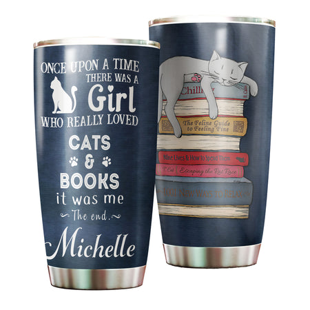Camellia Personalized Sleeping Cat Once Upon A Time There Was A Girl Who Really Loved Book And Cat Stainless Steel Tumbler - Double-Walled Insulation Vacumm Flask - Gift For Book Lovers, Nerd, Cat Lovers