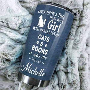 Camellia Personalized Sleeping Cat Once Upon A Time There Was A Girl Who Really Loved Book And Cat Stainless Steel Tumbler - Double-Walled Insulation Vacumm Flask - Gift For Book Lovers, Nerd, Cat Lovers